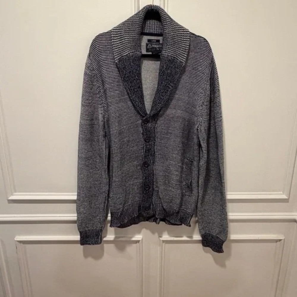 American Rag Shawl Collar Cardigan Men's Large Gray Black Stripe Knit